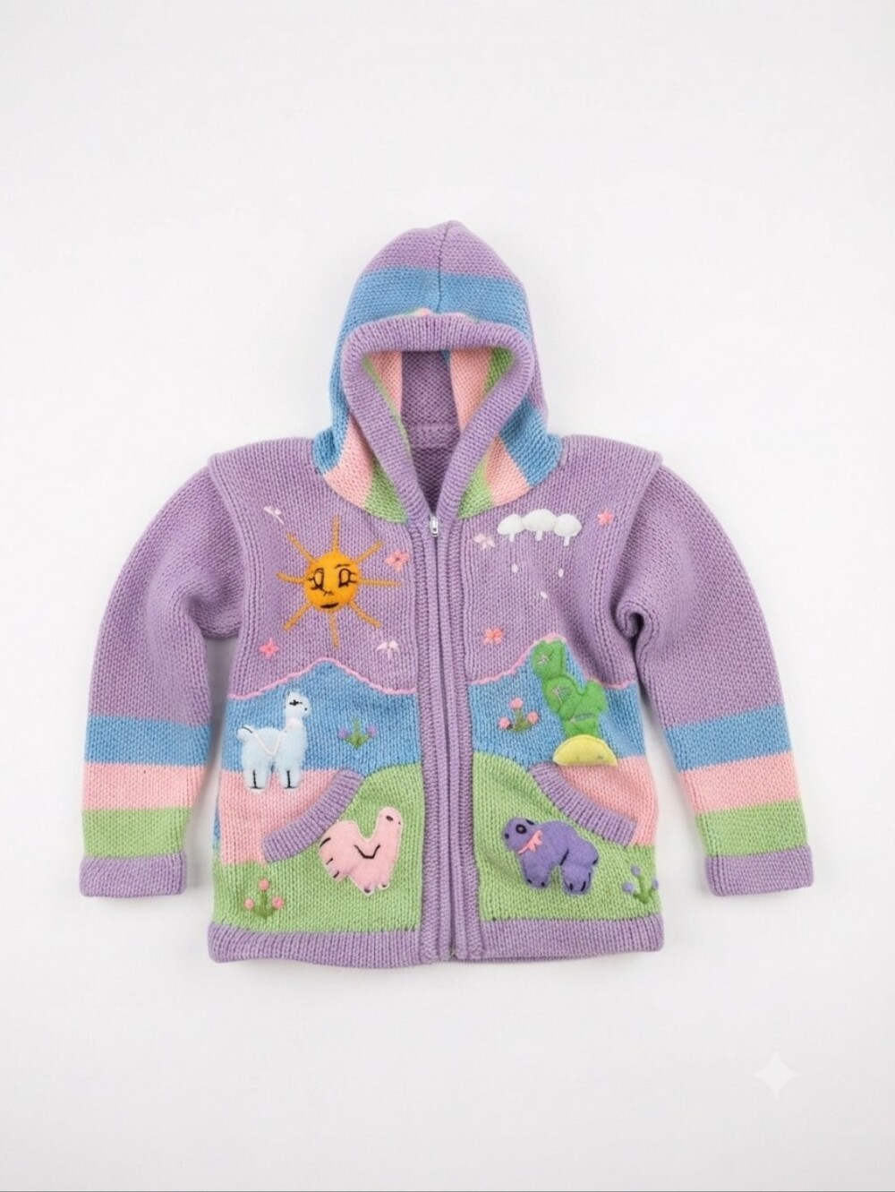 Handmade Vintage Style Knit Zip Hoodie Sweater Kids Size 5T Llama Sun Cactus